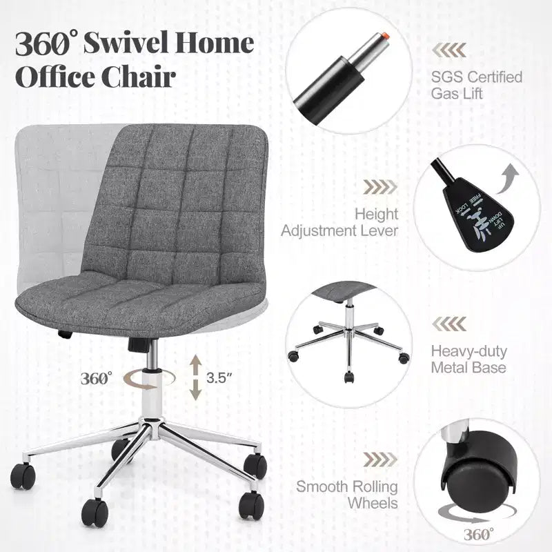 Costway Upholstered Armless Office Chair with Adjustable Height & Wheels for Small Spaces Gray/White