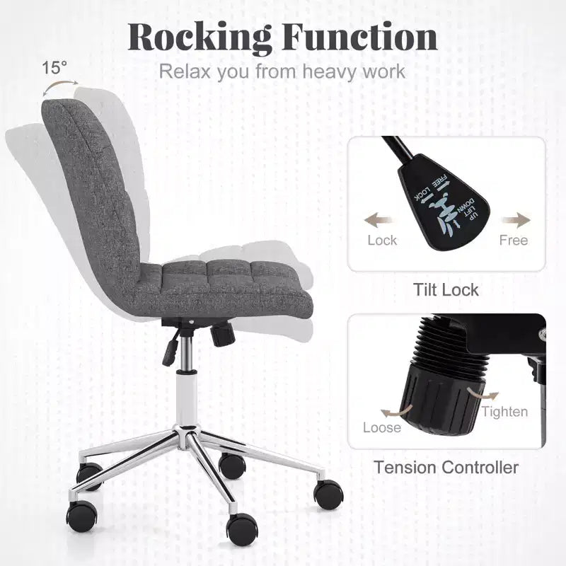 Costway Upholstered Armless Office Chair with Adjustable Height & Wheels for Small Spaces Gray/White