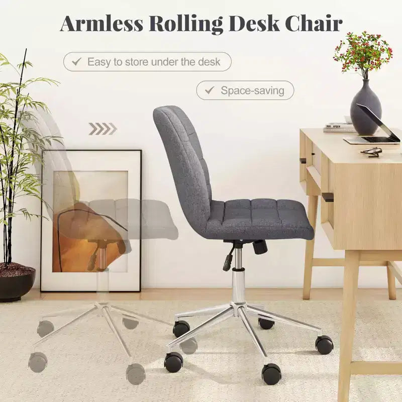 Costway Upholstered Armless Office Chair with Adjustable Height & Wheels for Small Spaces Gray/White