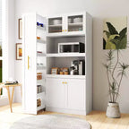 43W Multifunctional Kitchen Pantry Storage Cabinet Pantry Organizer with Pull-out Multi-tier Storage Shelf and 4 Doors, White-ModernLuxe