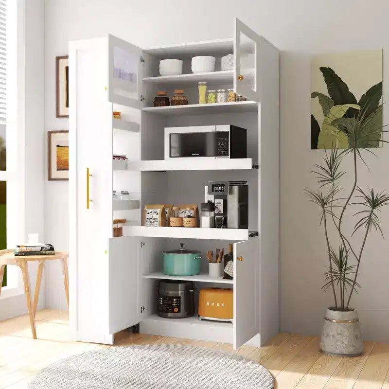43W Multifunctional Kitchen Pantry Storage Cabinet Pantry Organizer with Pull-out Multi-tier Storage Shelf and 4 Doors, White-ModernLuxe