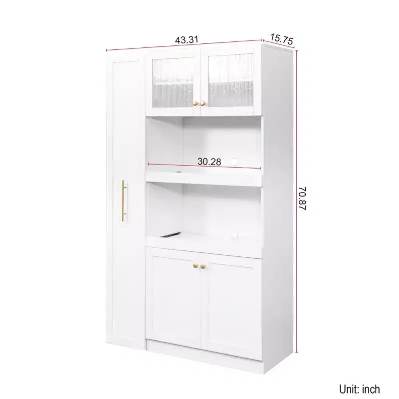 43W Multifunctional Kitchen Pantry Storage Cabinet Pantry Organizer with Pull-out Multi-tier Storage Shelf and 4 Doors, White-ModernLuxe