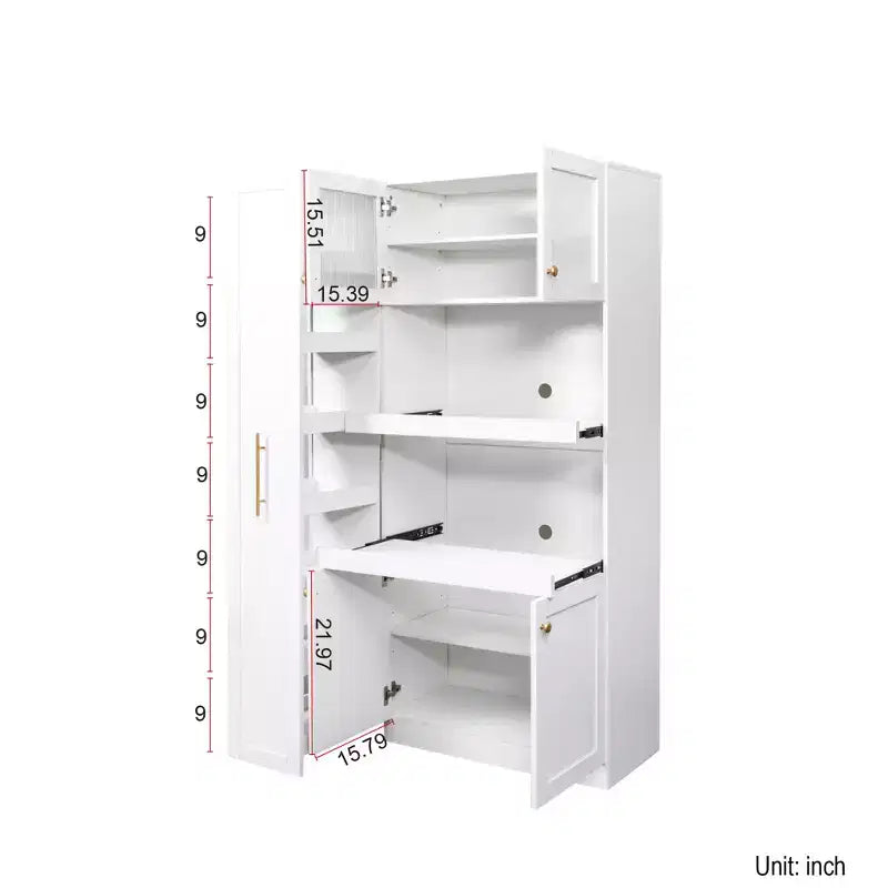 43W Multifunctional Kitchen Pantry Storage Cabinet Pantry Organizer with Pull-out Multi-tier Storage Shelf and 4 Doors, White-ModernLuxe