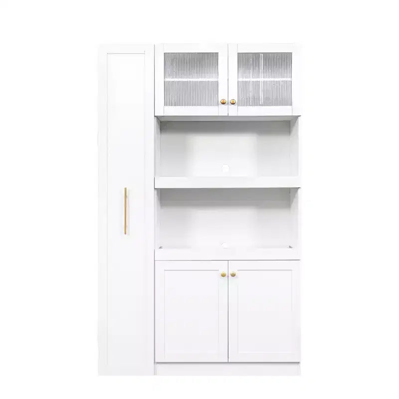 43W Multifunctional Kitchen Pantry Storage Cabinet Pantry Organizer with Pull-out Multi-tier Storage Shelf and 4 Doors, White-ModernLuxe