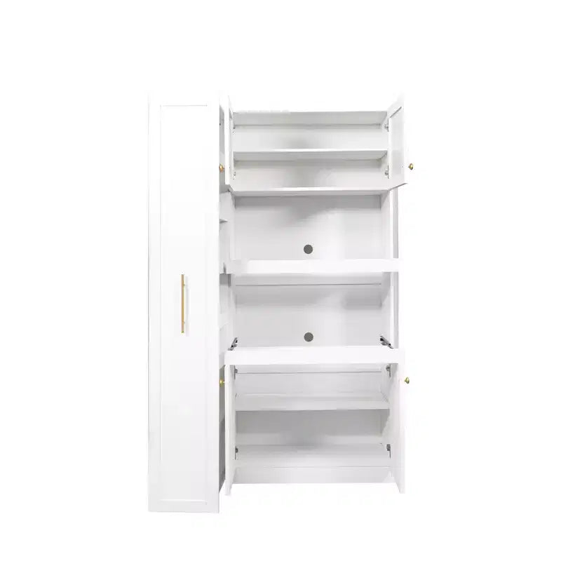 43W Multifunctional Kitchen Pantry Storage Cabinet Pantry Organizer with Pull-out Multi-tier Storage Shelf and 4 Doors, White-ModernLuxe