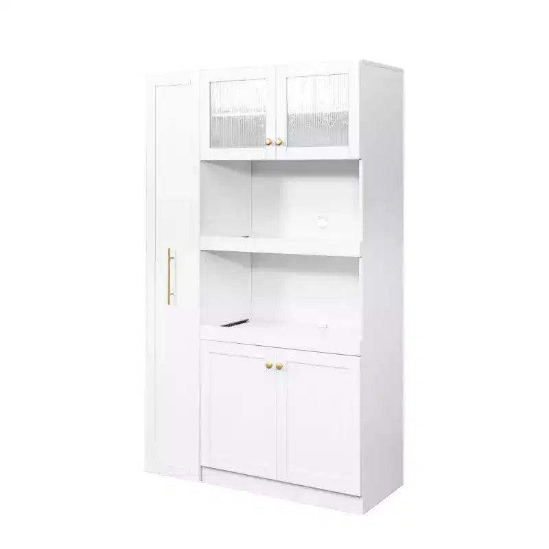 43W Multifunctional Kitchen Pantry Storage Cabinet Pantry Organizer with Pull-out Multi-tier Storage Shelf and 4 Doors, White-ModernLuxe