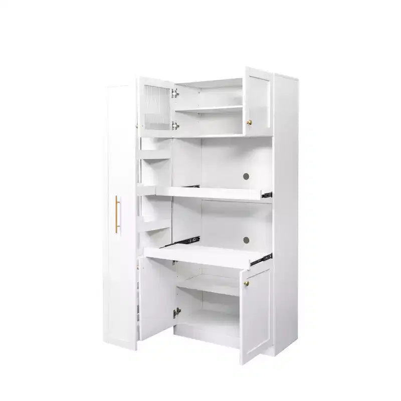 43W Multifunctional Kitchen Pantry Storage Cabinet Pantry Organizer with Pull-out Multi-tier Storage Shelf and 4 Doors, White-ModernLuxe