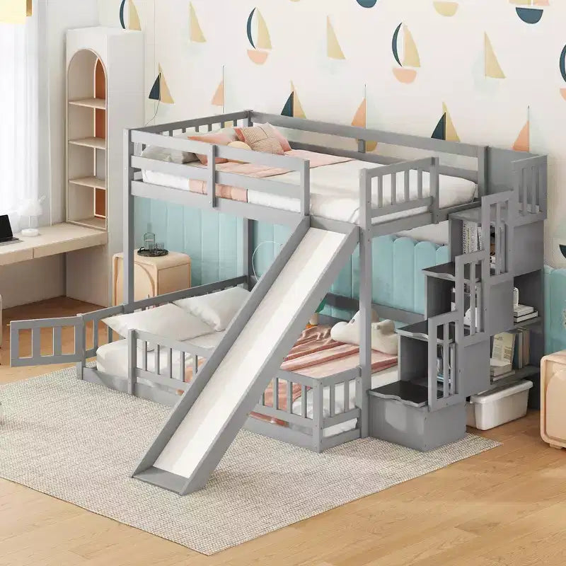 Twin over Full Bunk Bed with Slide, Storage Staircase, Safety Guardrails and Solid Pine Wood Frame, White/Grey-ModernLuxe