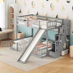 Twin over Full Bunk Bed with Slide, Storage Staircase, Safety Guardrails and Solid Pine Wood Frame, White/Grey-ModernLuxe