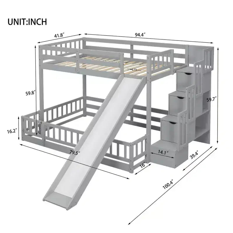Twin over Full Bunk Bed with Slide, Storage Staircase, Safety Guardrails and Solid Pine Wood Frame, White/Grey-ModernLuxe