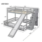 Twin over Full Bunk Bed with Slide, Storage Staircase, Safety Guardrails and Solid Pine Wood Frame, White/Grey-ModernLuxe