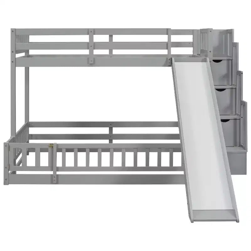 Twin over Full Bunk Bed with Slide, Storage Staircase, Safety Guardrails and Solid Pine Wood Frame, White/Grey-ModernLuxe