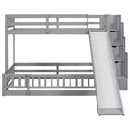 Twin over Full Bunk Bed with Slide, Storage Staircase, Safety Guardrails and Solid Pine Wood Frame, White/Grey-ModernLuxe