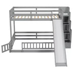 Twin over Full Bunk Bed with Slide, Storage Staircase, Safety Guardrails and Solid Pine Wood Frame, White/Grey-ModernLuxe