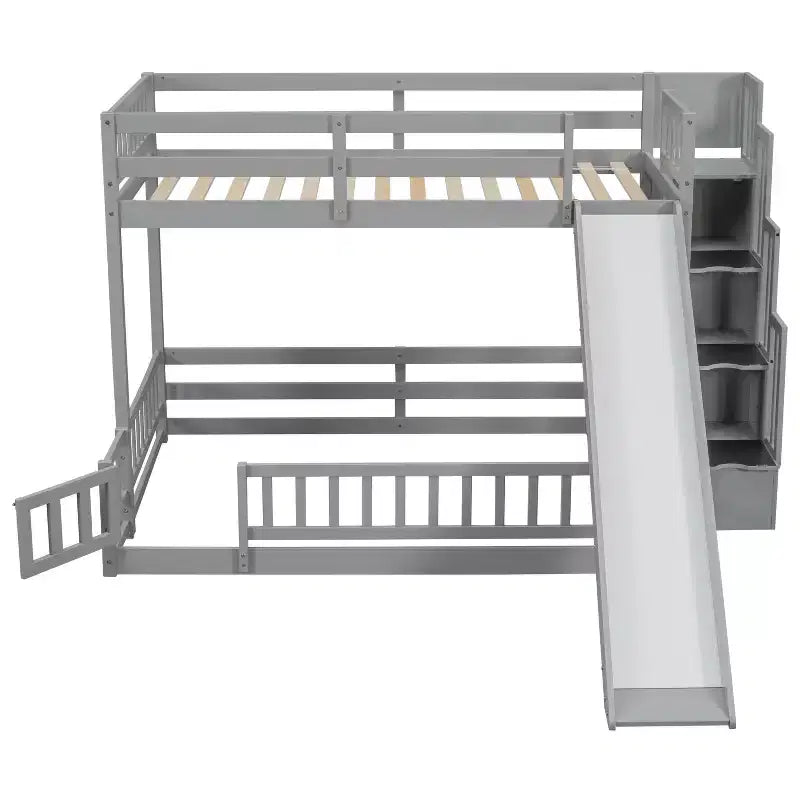 Twin over Full Bunk Bed with Slide, Storage Staircase, Safety Guardrails and Solid Pine Wood Frame, White/Grey-ModernLuxe