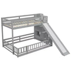 Twin over Full Bunk Bed with Slide, Storage Staircase, Safety Guardrails and Solid Pine Wood Frame, White/Grey-ModernLuxe