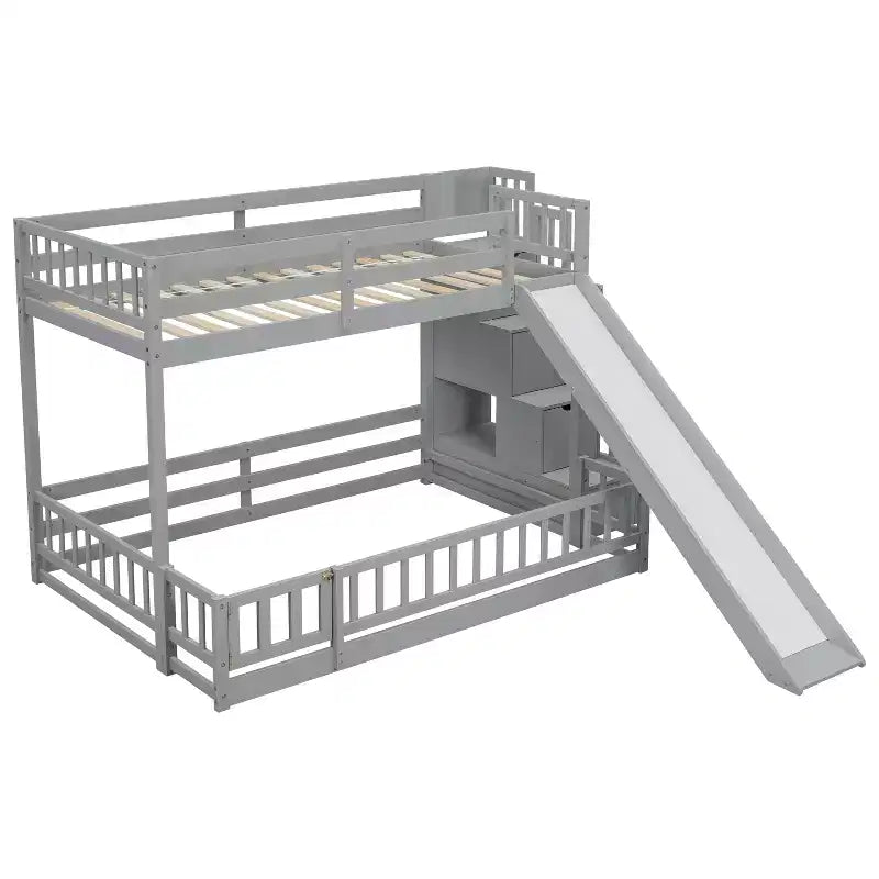 Twin over Full Bunk Bed with Slide, Storage Staircase, Safety Guardrails and Solid Pine Wood Frame, White/Grey-ModernLuxe