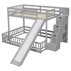 Twin over Full Bunk Bed with Slide, Storage Staircase, Safety Guardrails and Solid Pine Wood Frame, White/Grey-ModernLuxe