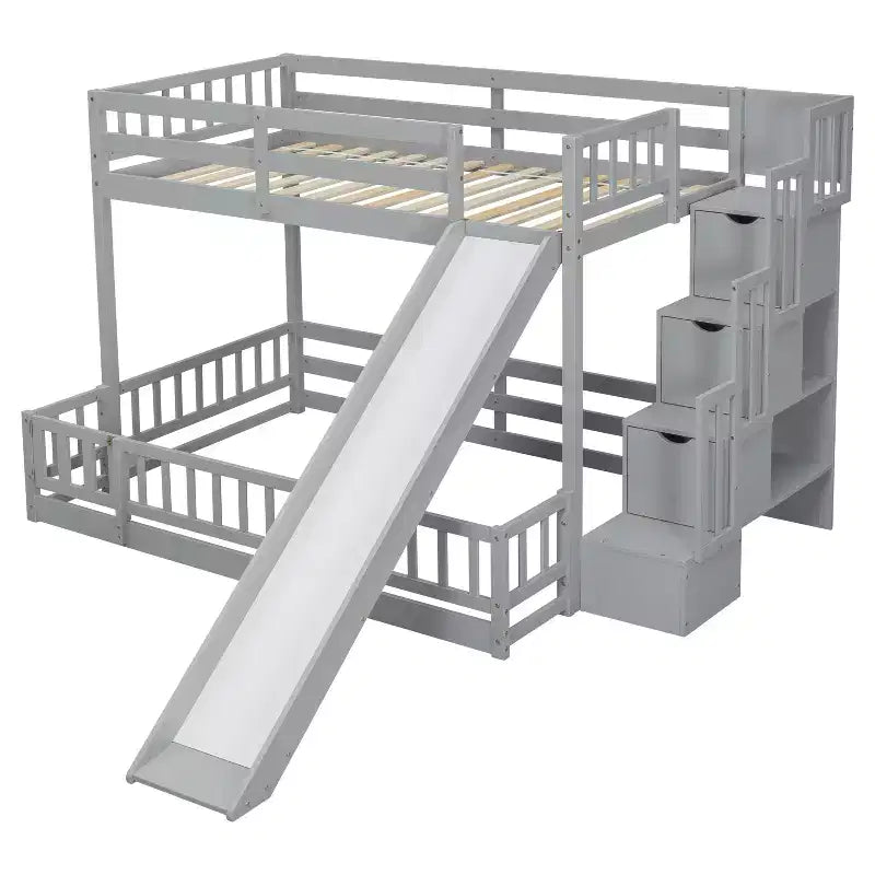 Twin over Full Bunk Bed with Slide, Storage Staircase, Safety Guardrails and Solid Pine Wood Frame, White/Grey-ModernLuxe