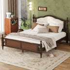 Whisen Queen Pine wooden Bed with Upholstered Headboard and Panel Footboard