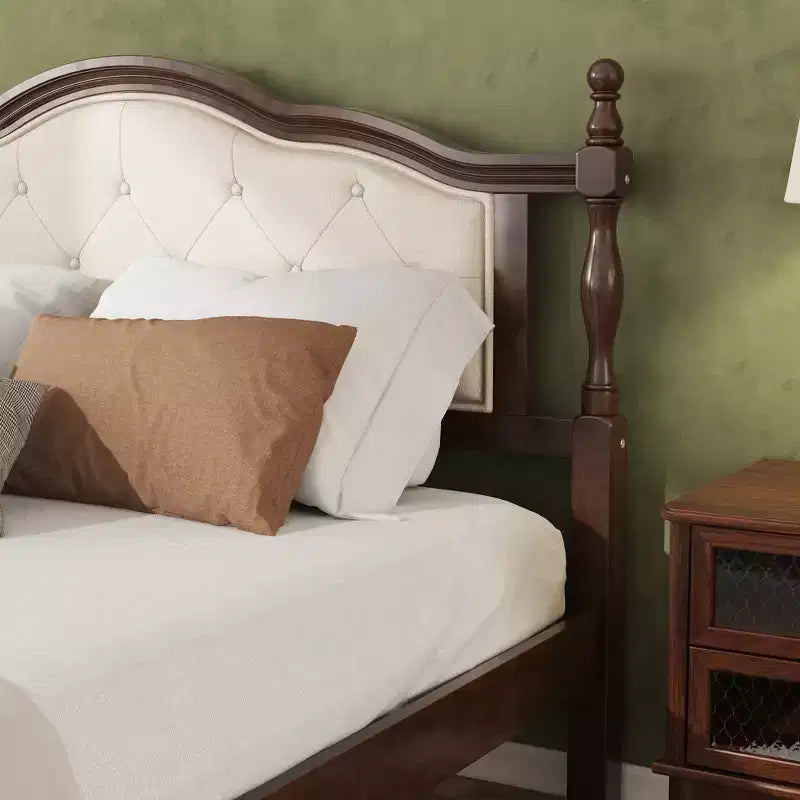 Whisen Queen Pine wooden Bed with Upholstered Headboard and Panel Footboard