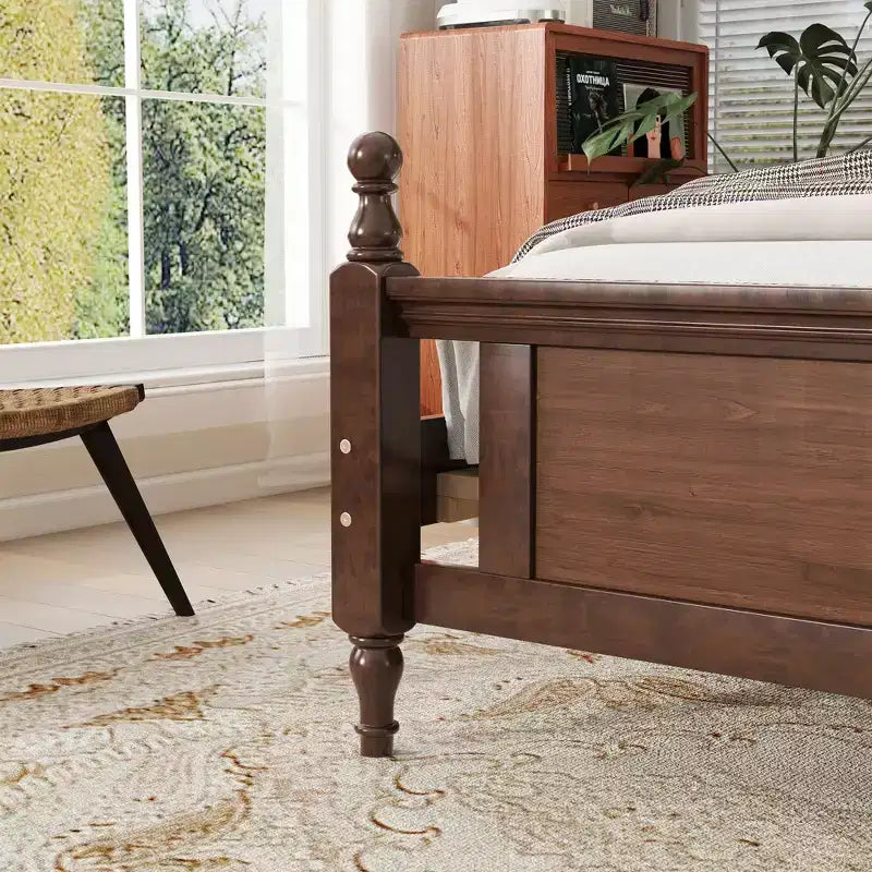 Whisen Queen Pine wooden Bed with Upholstered Headboard and Panel Footboard