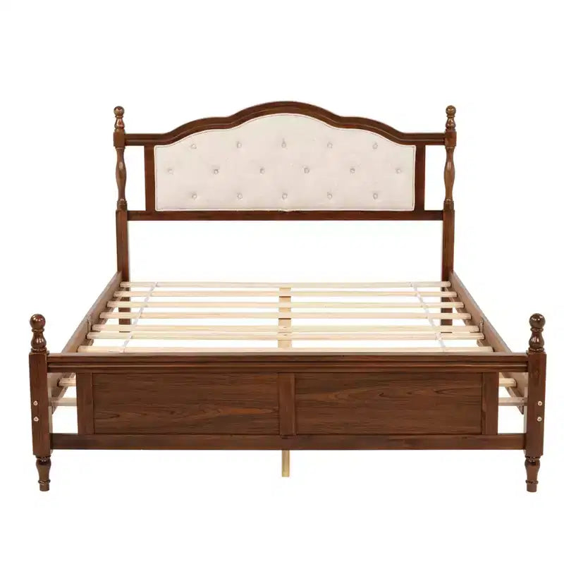 Whisen Queen Pine wooden Bed with Upholstered Headboard and Panel Footboard