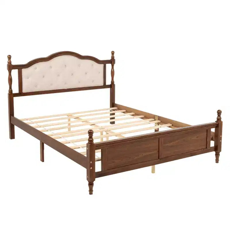 Whisen Queen Pine wooden Bed with Upholstered Headboard and Panel Footboard