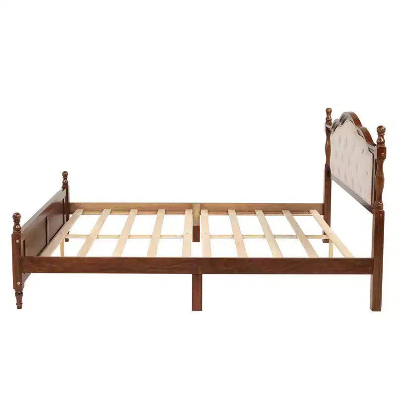 Whisen Queen Pine wooden Bed with Upholstered Headboard and Panel Footboard