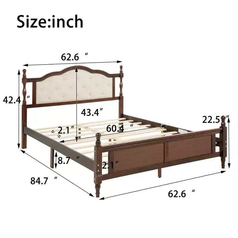 Whisen Queen Pine wooden Bed with Upholstered Headboard and Panel Footboard