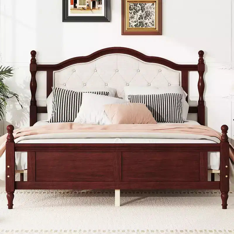 Whisen Queen Pine wooden Bed with Upholstered Headboard and Panel Footboard