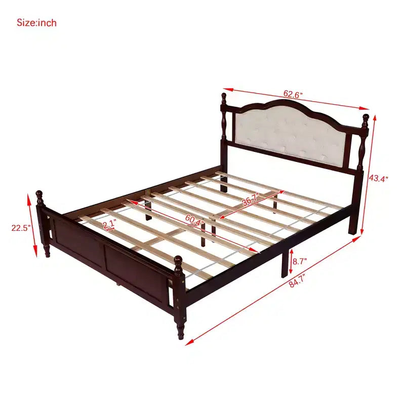Whisen Queen Pine wooden Bed with Upholstered Headboard and Panel Footboard