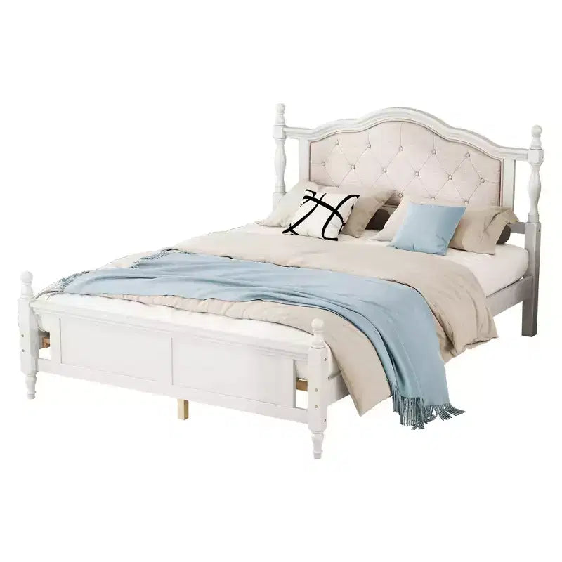 Whisen Queen Pine wooden Bed with Upholstered Headboard and Panel Footboard