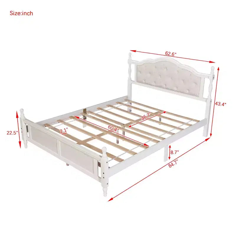 Whisen Queen Pine wooden Bed with Upholstered Headboard and Panel Footboard