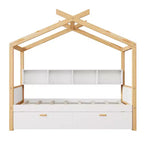 Letto a capanna con piattaforma per bambini in dimensioni singolo/matrimoniale con letto estraibile singolo/2 cassetti, libreria, naturale+bianco-ModernLuxe