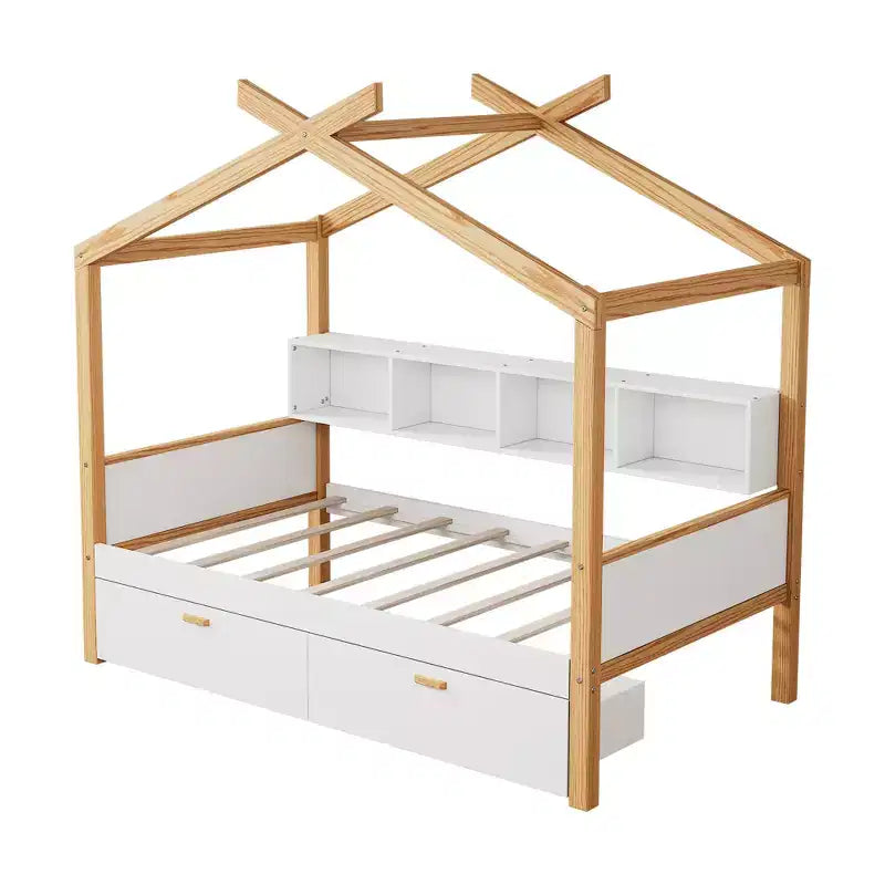 Letto a capanna con piattaforma per bambini in dimensioni singolo/matrimoniale con letto estraibile singolo/2 cassetti, libreria, naturale+bianco-ModernLuxe