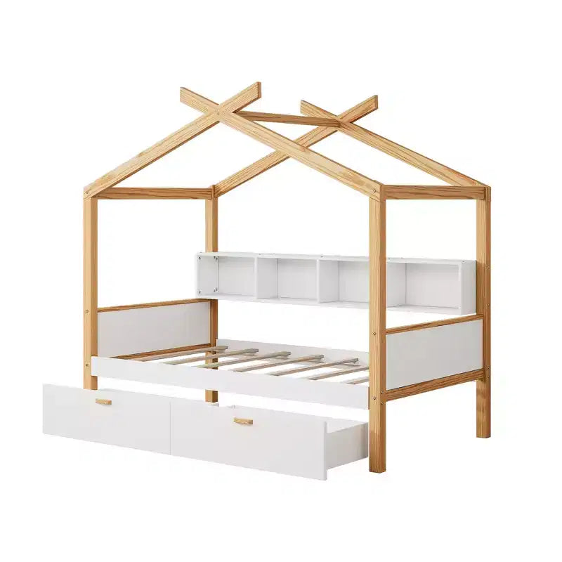 Letto a capanna con piattaforma per bambini in dimensioni singolo/matrimoniale con letto estraibile singolo/2 cassetti, libreria, naturale+bianco-ModernLuxe