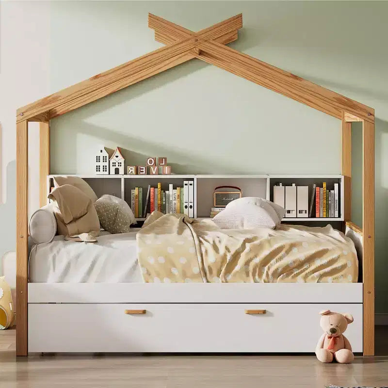 Letto a capanna con piattaforma per bambini in dimensioni singolo/matrimoniale con letto estraibile singolo/2 cassetti, libreria, naturale+bianco-ModernLuxe