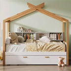 Letto a capanna con piattaforma per bambini in dimensioni singolo/matrimoniale con letto estraibile singolo/2 cassetti, libreria, naturale+bianco-ModernLuxe