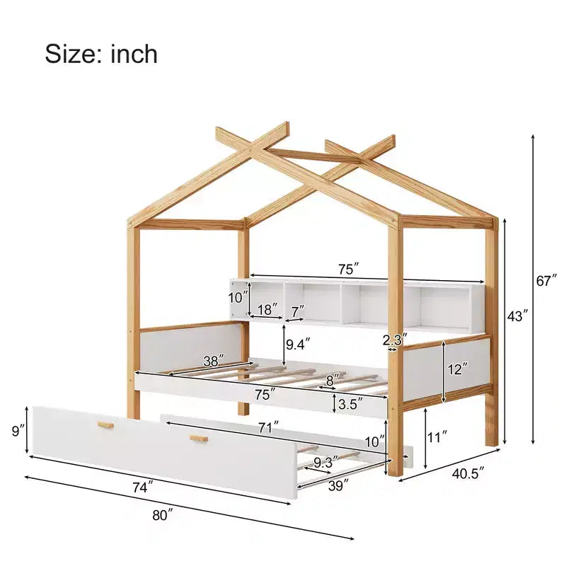 Letto a capanna con piattaforma per bambini in dimensioni singolo/matrimoniale con letto estraibile singolo/2 cassetti, libreria, naturale+bianco-ModernLuxe