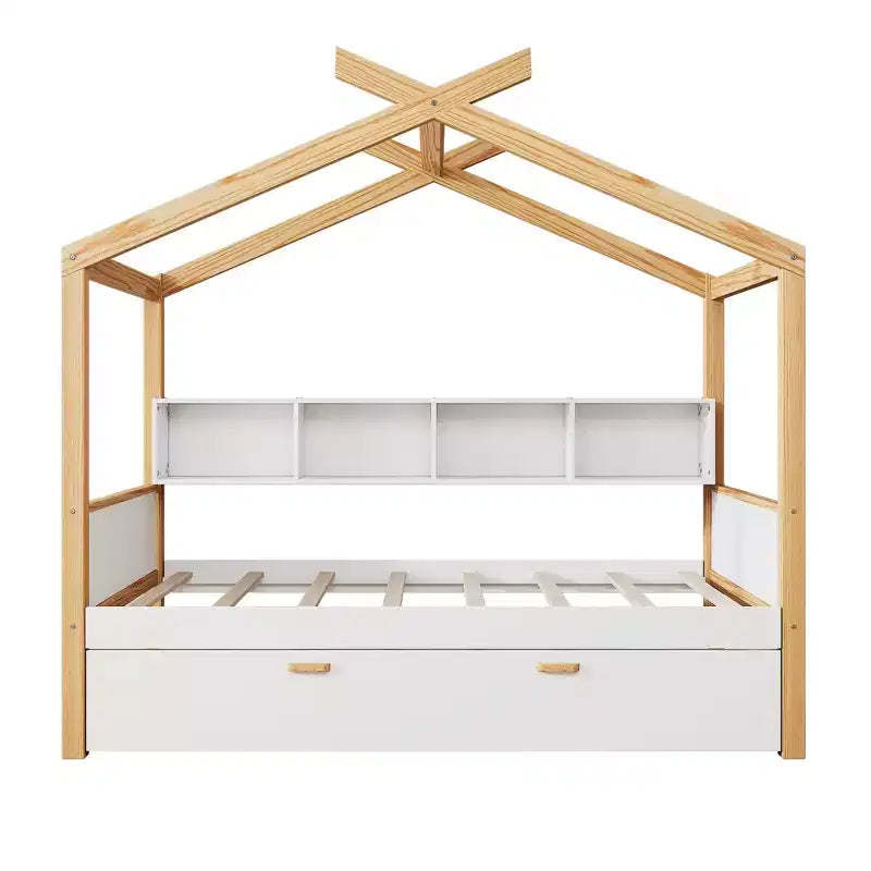 Letto a capanna con piattaforma per bambini in dimensioni singolo/matrimoniale con letto estraibile singolo/2 cassetti, libreria, naturale+bianco-ModernLuxe