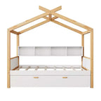 Letto a capanna con piattaforma per bambini in dimensioni singolo/matrimoniale con letto estraibile singolo/2 cassetti, libreria, naturale+bianco-ModernLuxe