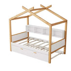 Letto a capanna con piattaforma per bambini in dimensioni singolo/matrimoniale con letto estraibile singolo/2 cassetti, libreria, naturale+bianco-ModernLuxe