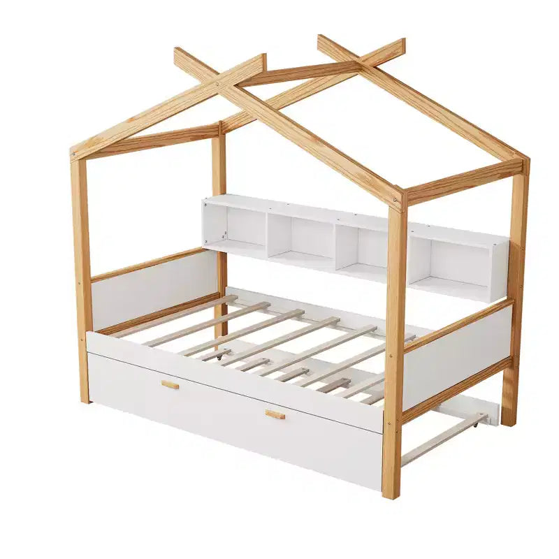 Letto a capanna con piattaforma per bambini in dimensioni singolo/matrimoniale con letto estraibile singolo/2 cassetti, libreria, naturale+bianco-ModernLuxe