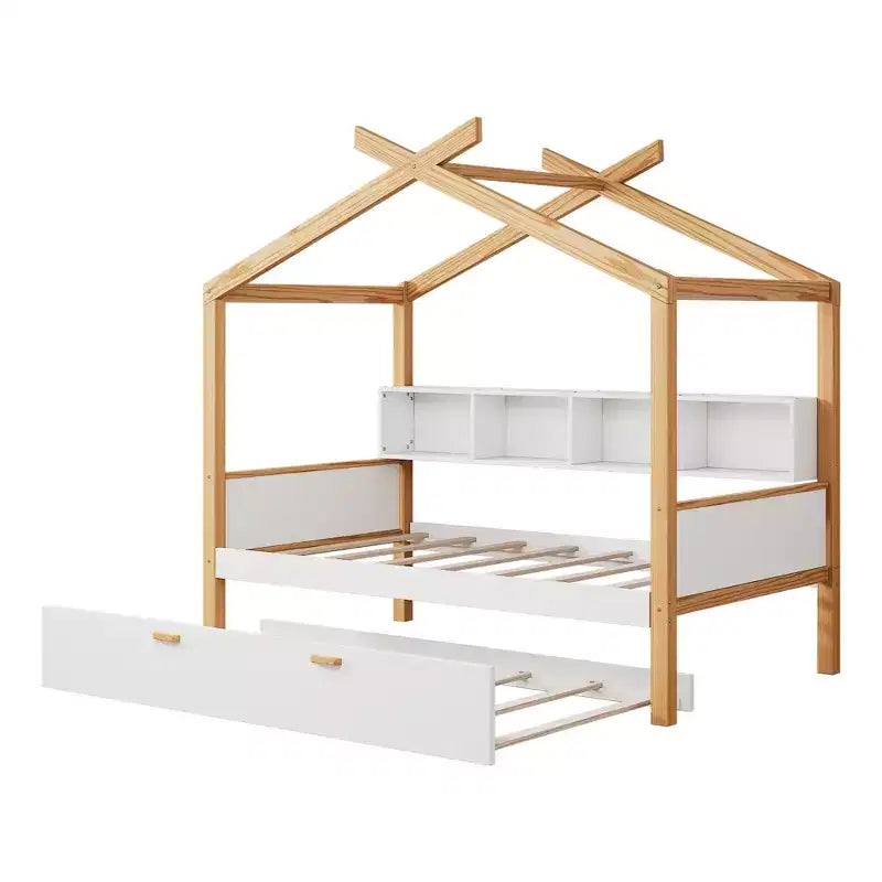 Letto a capanna con piattaforma per bambini in dimensioni singolo/matrimoniale con letto estraibile singolo/2 cassetti, libreria, naturale+bianco-ModernLuxe