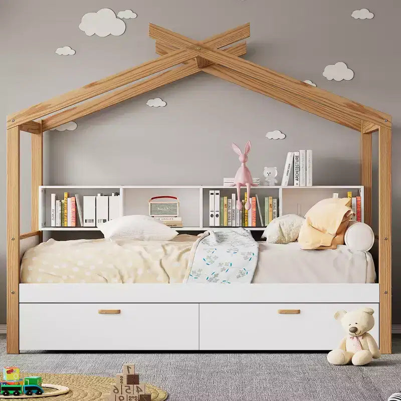 Letto a capanna con piattaforma per bambini in dimensioni singolo/matrimoniale con letto estraibile singolo/2 cassetti, libreria, naturale+bianco-ModernLuxe