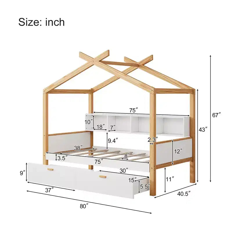Letto a capanna con piattaforma per bambini in dimensioni singolo/matrimoniale con letto estraibile singolo/2 cassetti, libreria, naturale+bianco-ModernLuxe