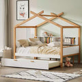 Twin/Full Size House Bed Platform Bed Kids Bed with Twin Size Trundle/2 Drawers, Bookshelf, Natural+White-ModernLuxe