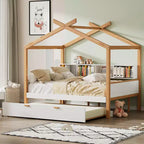 Twin/Full Size House Bed Platform Bed Kids Bed with Twin Size Trundle/2 Drawers, Bookshelf, Natural+White-ModernLuxe