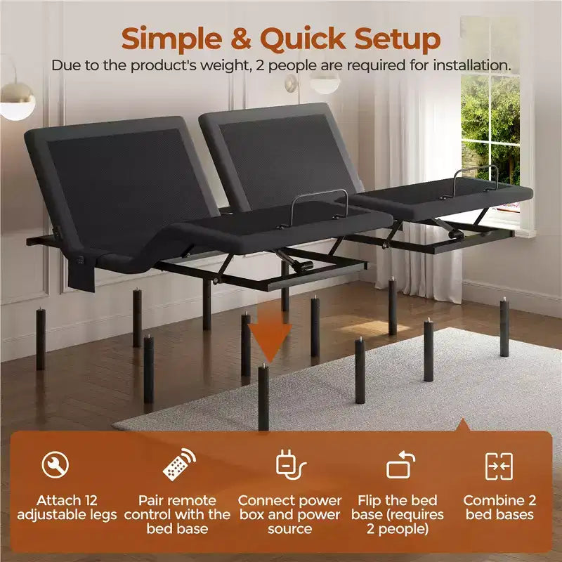 Yaheetech Upholstered Adjustable Bed Base with Independent Head & Foot Incline, Under-Bed LED Lights and USB Ports